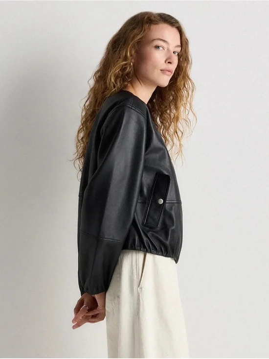 Quince 100% Leather Collarless Cropped Bubble Hem Jacket